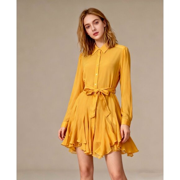 NWOT Farm Rio Irregular Ruffles Mini Shirt Dress Long Sleeve Size S Belt Tie - Picture 1 of 14